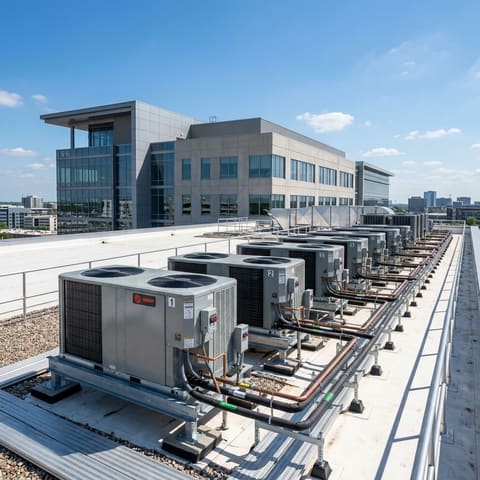 Unidades exteriores de aire acondicionado comercial instaladas en azotea