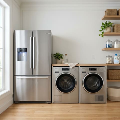Refrigerador, lavadora y secadora de línea blanca en un cuarto de lavado moderno