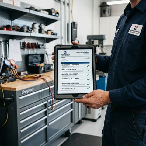 Técnico profesional mostrando un presupuesto detallado en una tablet