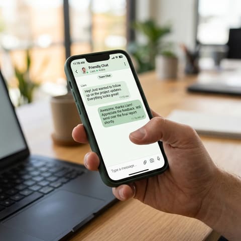 Pantalla de chat de WhatsApp amigable en un teléfono móvil