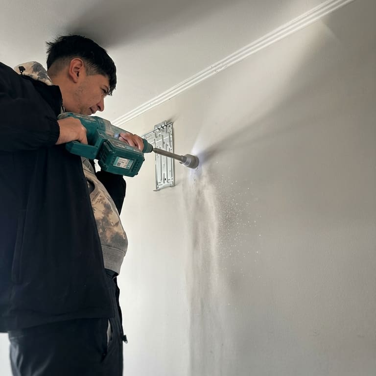 Técnico de ServiClima perforando el muro para instalar el soporte de un equipo split